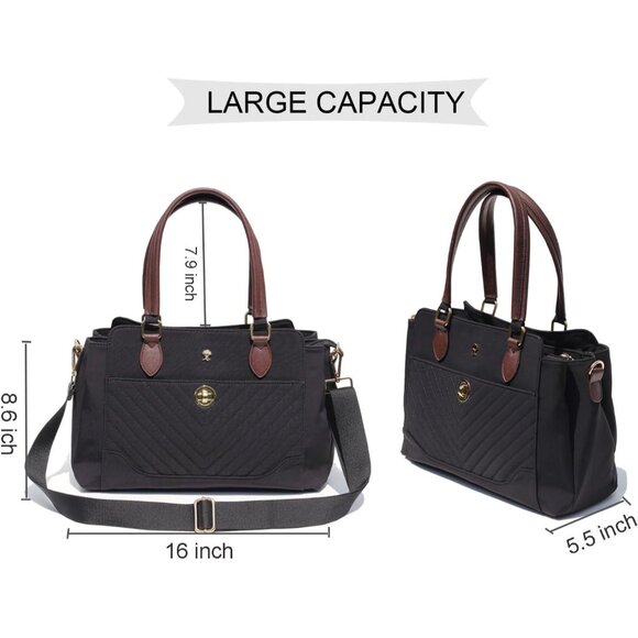 Stylish Black Nylon Leather Large Tote Crossbody Bag for Women with Multiple Poc - Picture 2 of 8